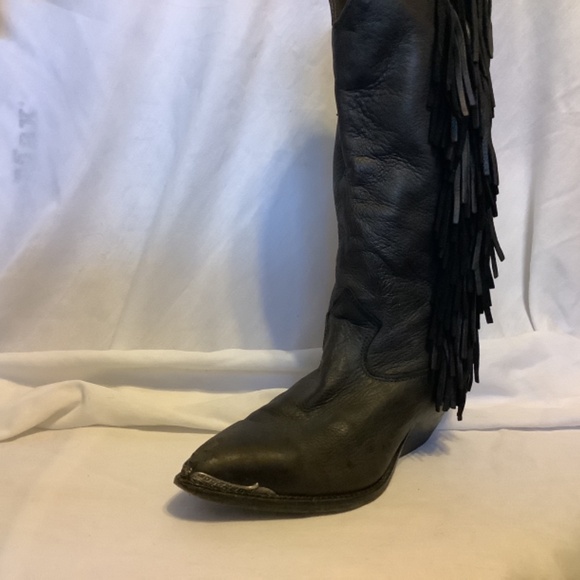 Vintage size 8 Western style black leather fringe cowboy boots made in USA - Picture 8 of 16